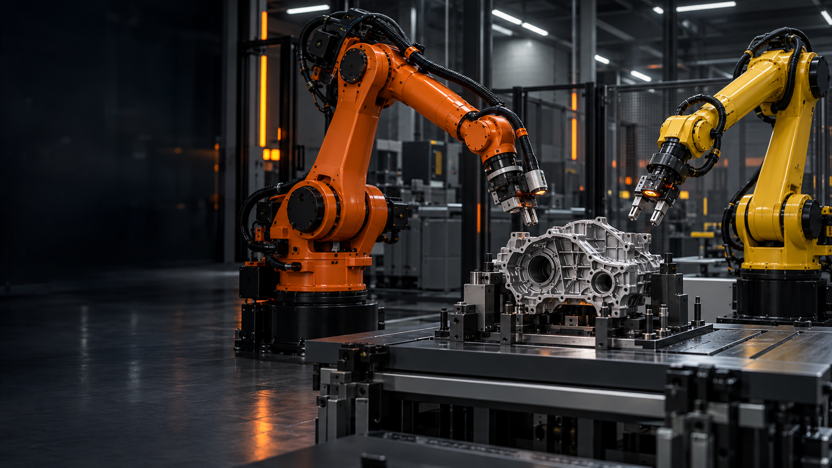 Illustrative orange and yellow industrial robots working around a machined component
